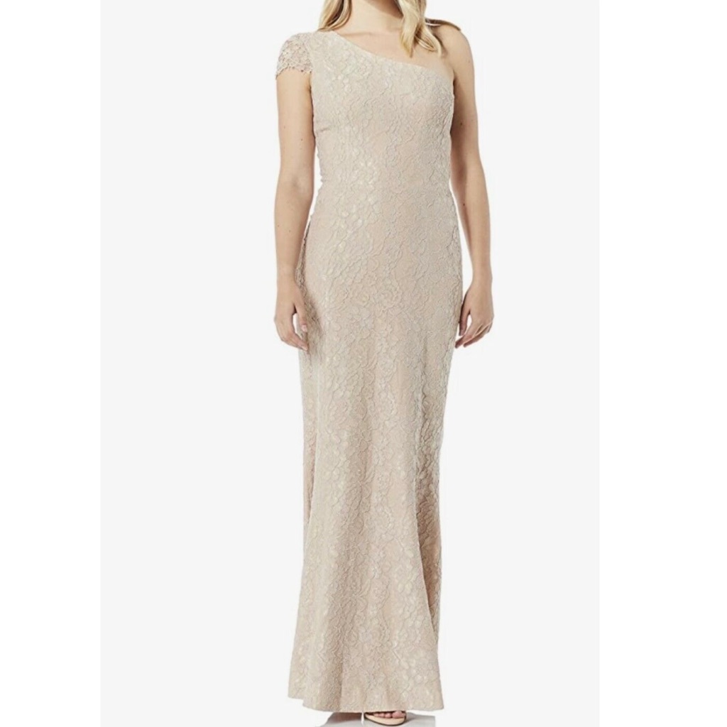 $307 Dress The Population Nude Lace Sequin One Shoulder Cap Sleeve Gown Dress S